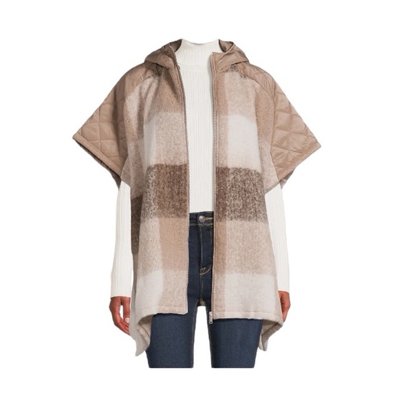 Time And Tru Stone Plaid Hooded Zipper Poncho Sweater - Picture 7 of 11